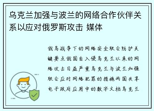 乌克兰加强与波兰的网络合作伙伴关系以应对俄罗斯攻击 媒体